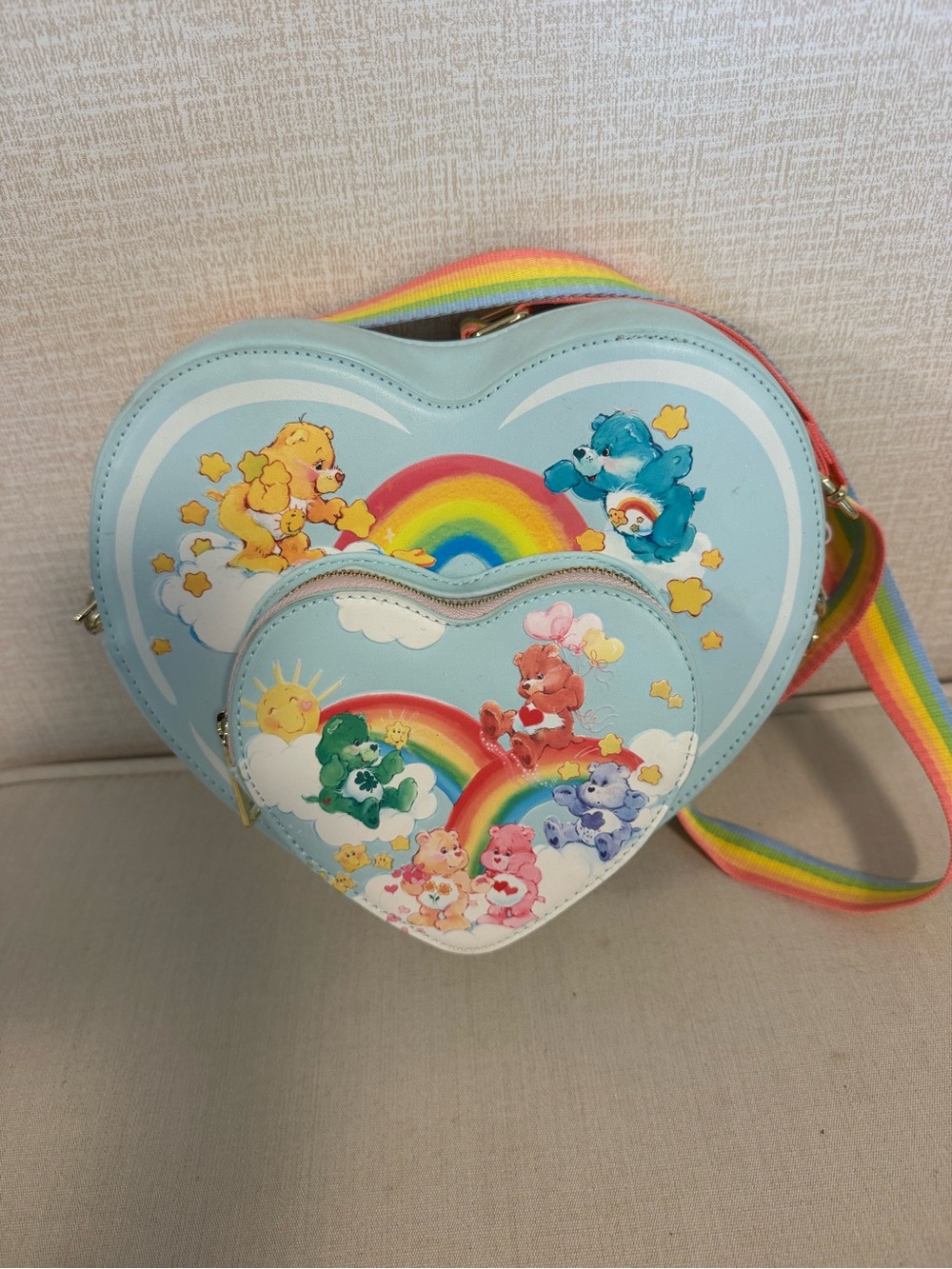 Loungefly Light Blue Heart-Shaped Kids Crossbody with Rainbow Strap